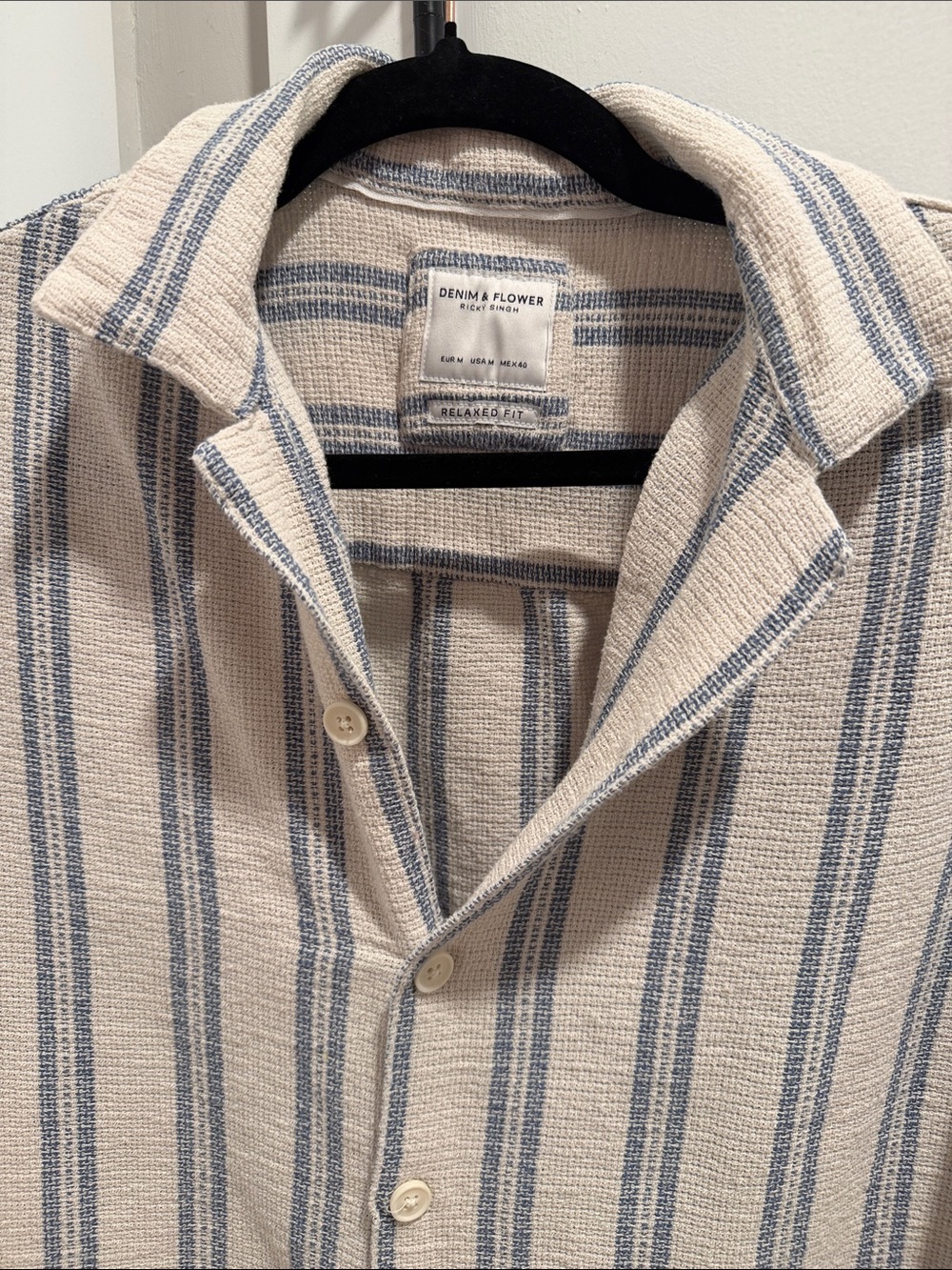 Denim & Flower Men's Cream Shirt with Blue Vertical Stripes